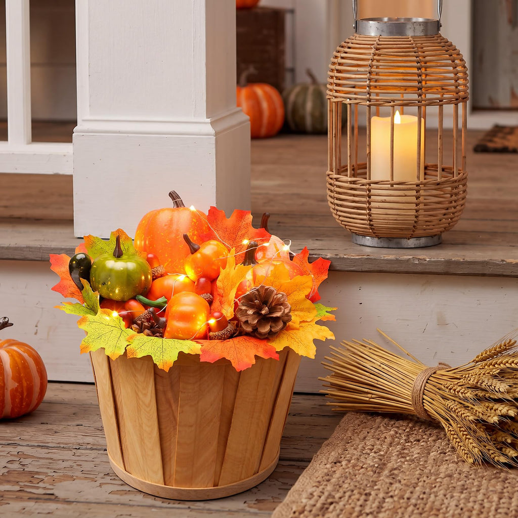 Fall Front Porch Decor Set Wooden Autumn Harvest Basket 9 x 6.7 in