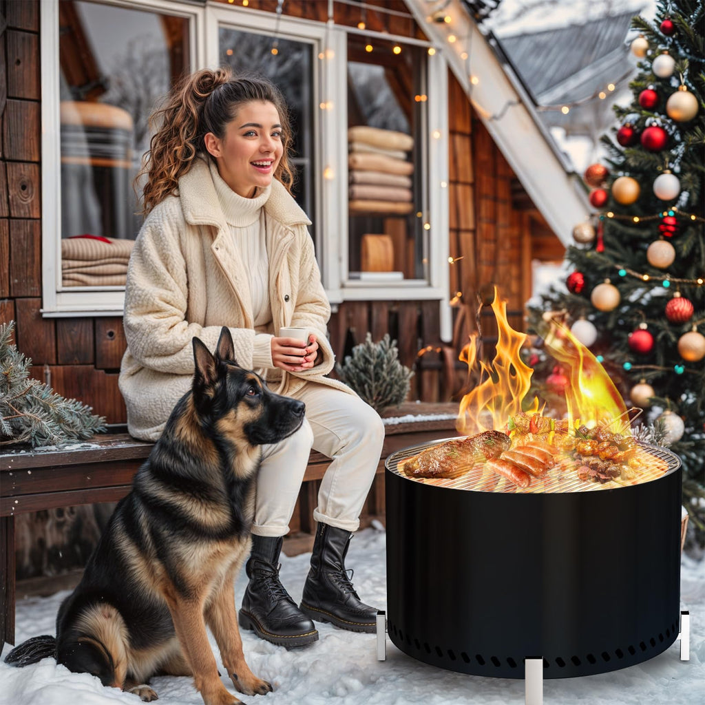 28" Smokeless Firepit with Stand & Grill Rack, Large Stainless Steel Wood Burning Fire Pit for Gatherings, Secondary
