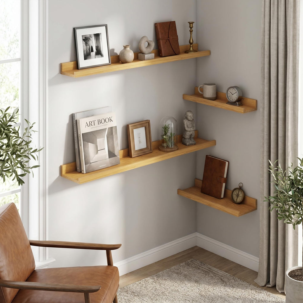 40 Inch Floating Shelves, Oak Picture Ledge Shelf Set of 4
