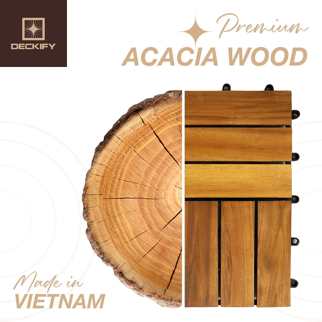 9Pcs Acacia Wood Interlocking Patio Deck Tiles, 12 x 12 x 0.9 Inch Outdoor Flooring, Waterproof for All-Weather Use