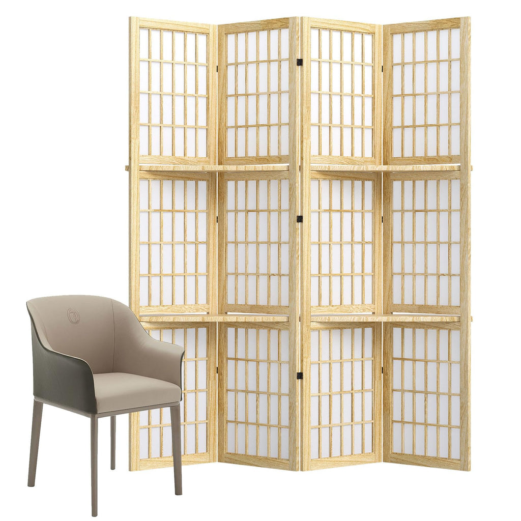 Room Divider with Shelves, 66.9-Inch Tall Japanese Shoji Style Wood Screen with Double Hinges Bedroom Hotel