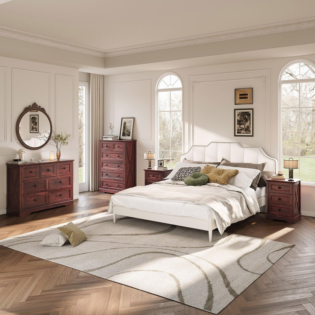 Farmhouse 6 Drawers Chests, Dark Cherry Red Wood