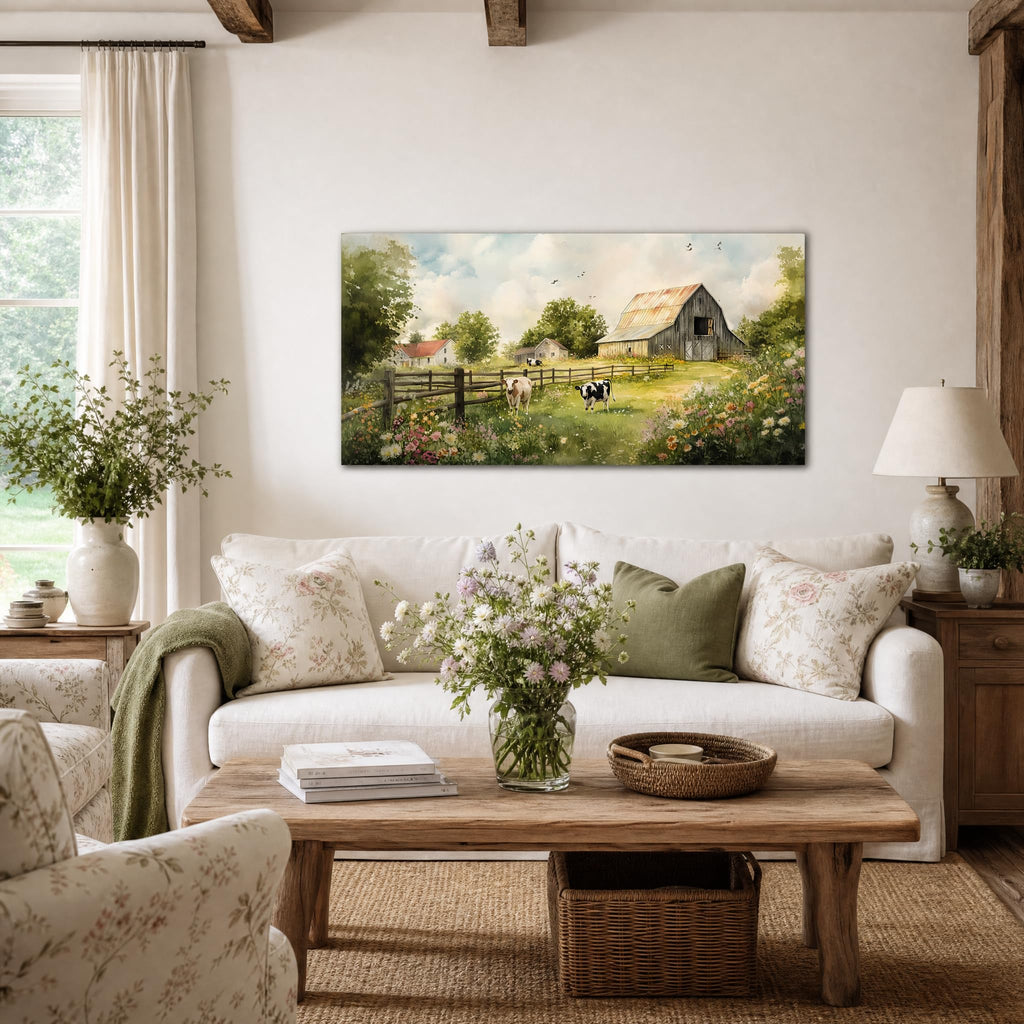 Rustic Farmhouse Barn Canvas Wall Art Vintage Wooden Barn with Cows Countryside Artwork Gallery Wrapped Canvas
