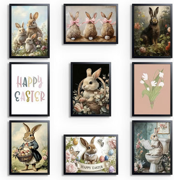 Vintage Easter Bunny Wall Art, Cute Rabbit Canvas Print Prints, Rustic Farmhouse Spring Easter Wall Decor - Set of 9