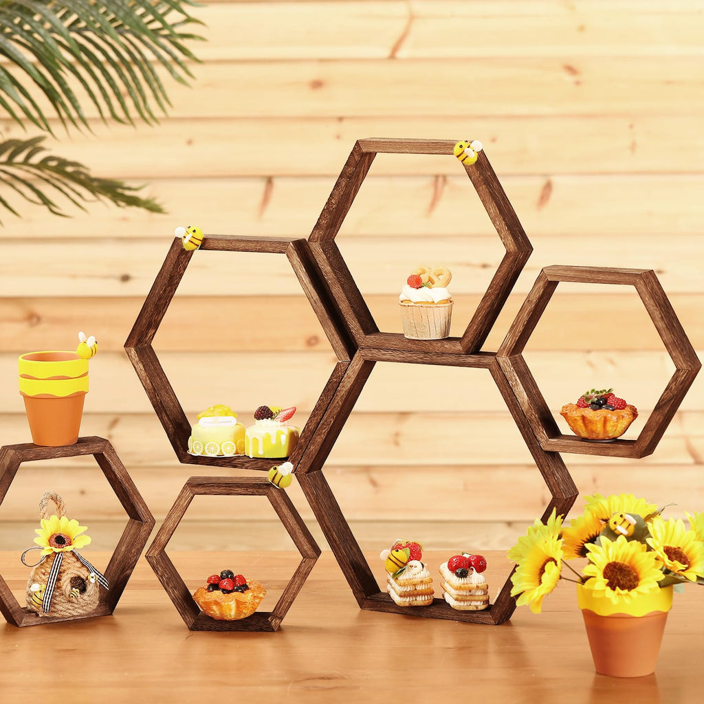 Honey Comb Decorations 5 Size Wood Hexagon Shelves, Dark Brown, 5 Pcs