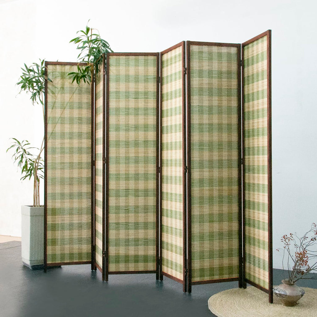 6 Panel Bamboo Room Divider, Green Stripe Folding Privacy Screen