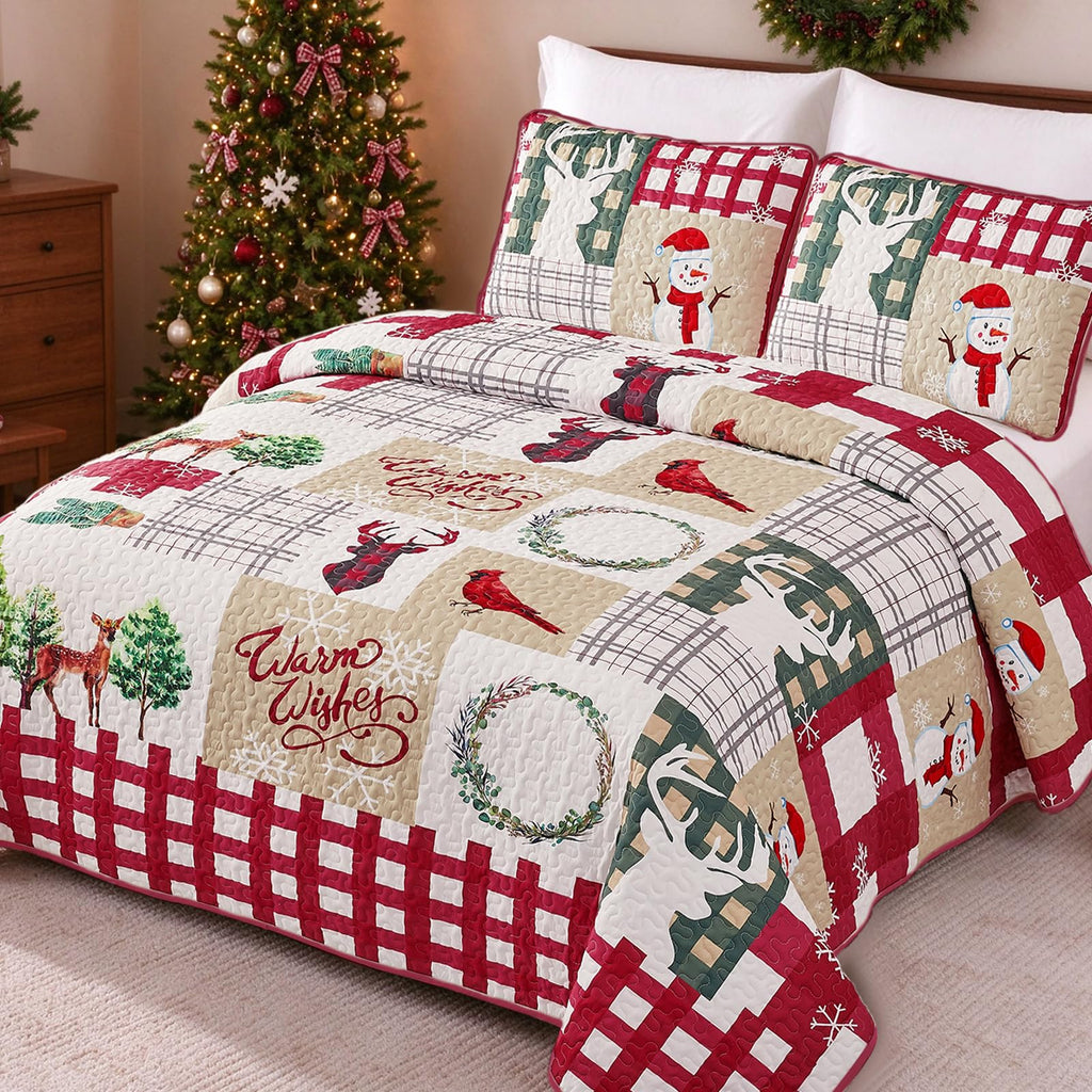Christmas Quilt Set King Size, Rustic Red Patchwork Bedding