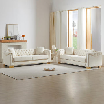 Modern Chesterfield Sectional Sofa, 3+3 Seater Combination Sofa with Rolled Arms, Button Tufted Back, Gold Studs - &