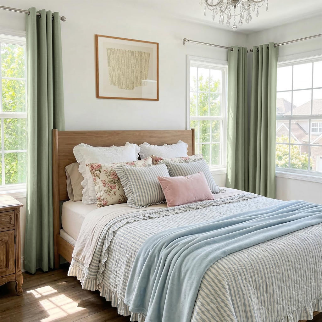 Blackout Linen Curtains 63 Inch Long 2 Panels Set, Sage Green