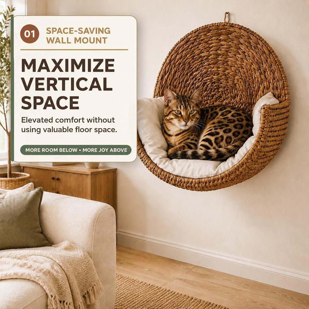 Handwoven Hanging Cat Bed, Space-Saving Wall Mount for Indoor Cats, 1pc