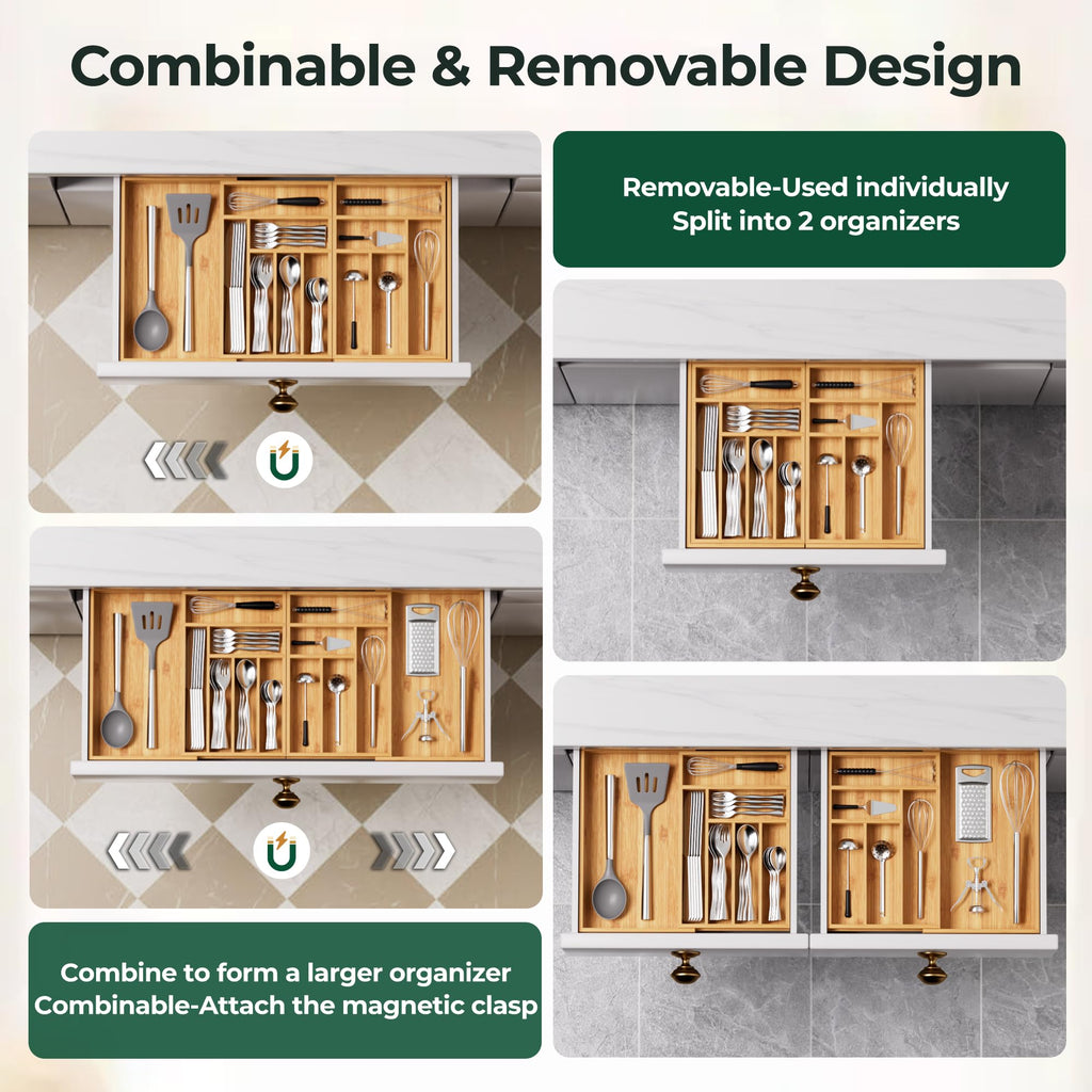 Large Silverware Organizer, 13 Slots Magnetic Connected Expandable Bamboo Utensil Drawer Organizer From 21 to 37.4