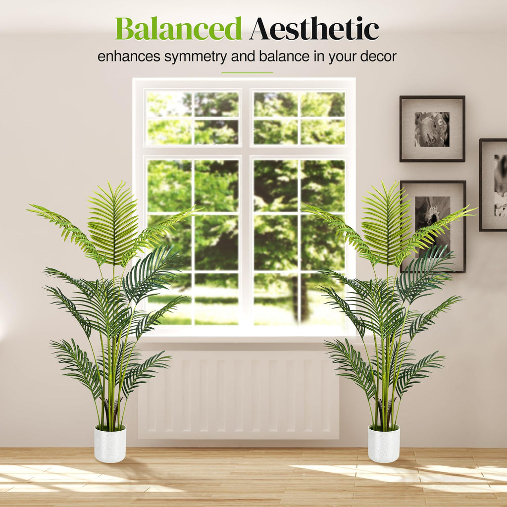 Artificial Palm Tree 4FT, Fake Tree with White Tall Planter 2 Pack, Faux Tropical Areca Floor Plant in Pot