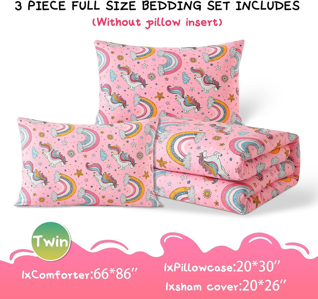 Glow in The Dark Kids Comforter Set, 3 Pieces Pink Unicorn Bedding Set Twin for Boys Girls Teen, 1 Comforter, 1