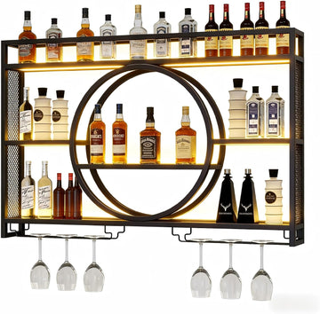 39.4" Wall Mounted Wine Rack with LED Light and Glas Holder | Industrial Metal Bar Shelf Wall Mounted Wine Rack