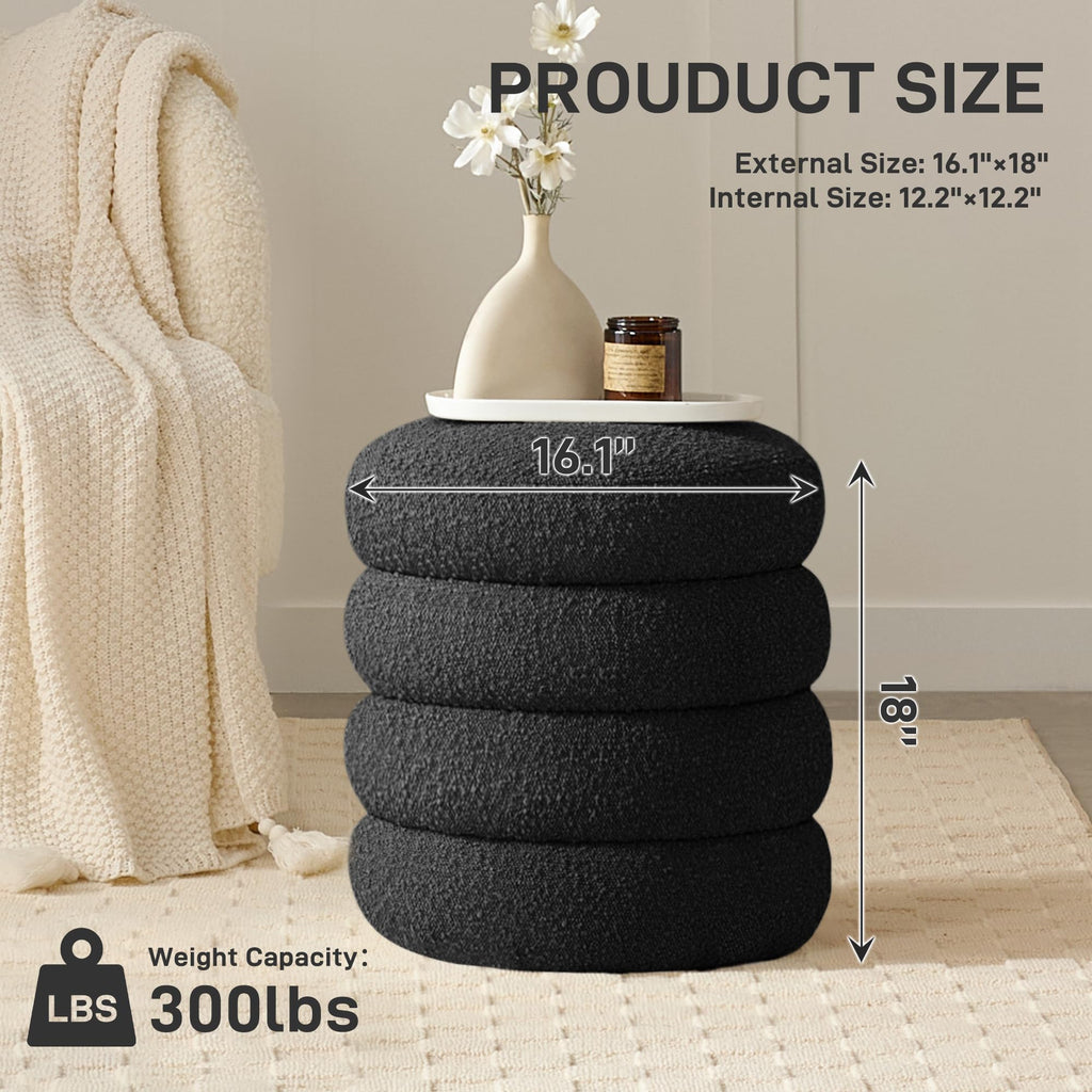 Round Ottoman with Storage Boucle Ottoman (Black)