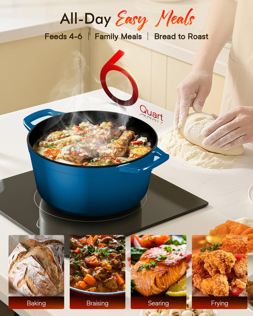 6 Qt PFAS-Free Enameled Cast Iron Dutch Oven Pot with Lid, Santorini