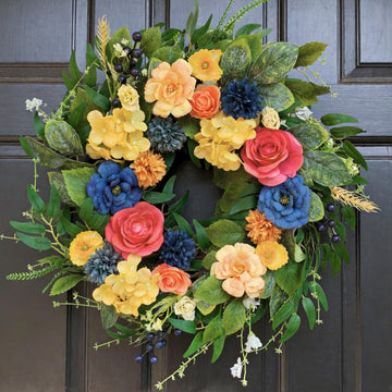 Summer Wreaths for Front Door, 22 Inch Summer Wreath with Roses & Hydrangeas, Outdoor Floral Wreath for Summer Door