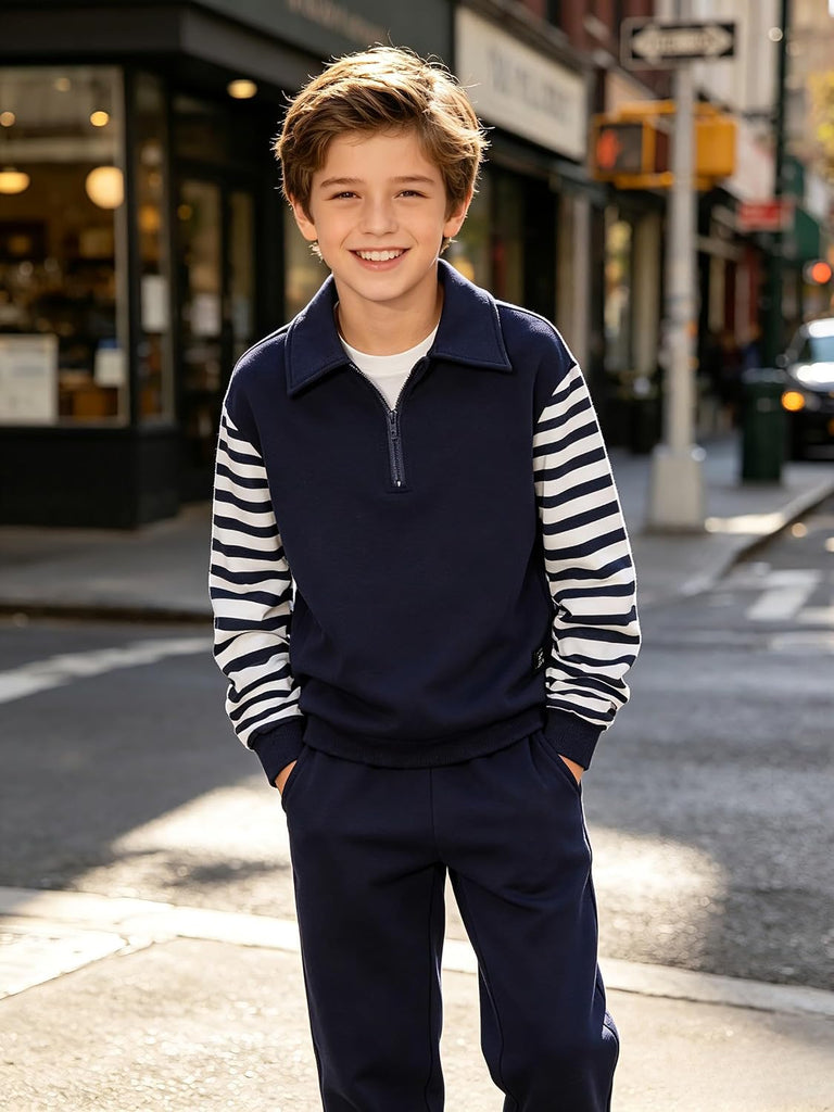 Boys Clothes Quarter Zip Striped Long Sleeve Sweatshirt & Jogger Pants 2Pcs Fall Winter Outfits Set