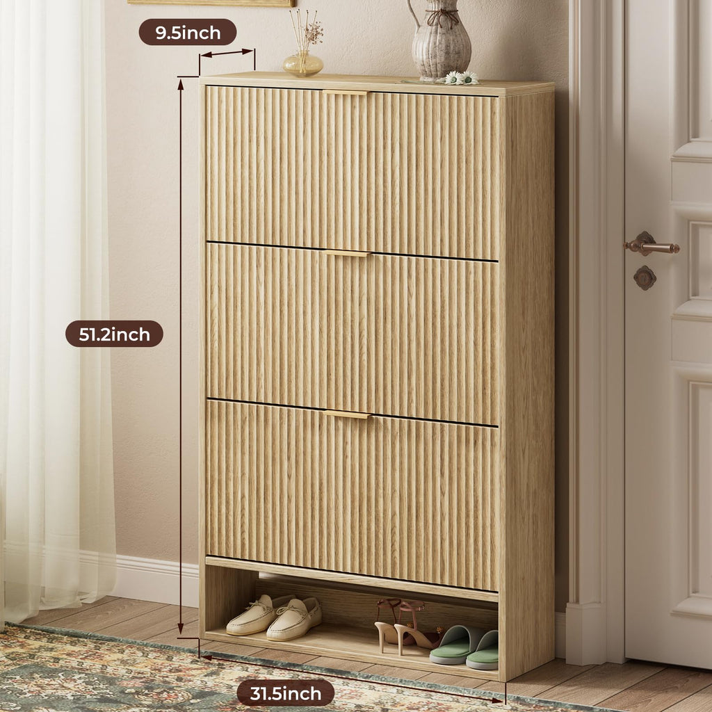 31.5''W Oak Shoe Cabinet Storage, Fluted Slim Shoe Dresser with 3 Flip Drawers, Narrow Shoe Rack Cabinet, Hidden