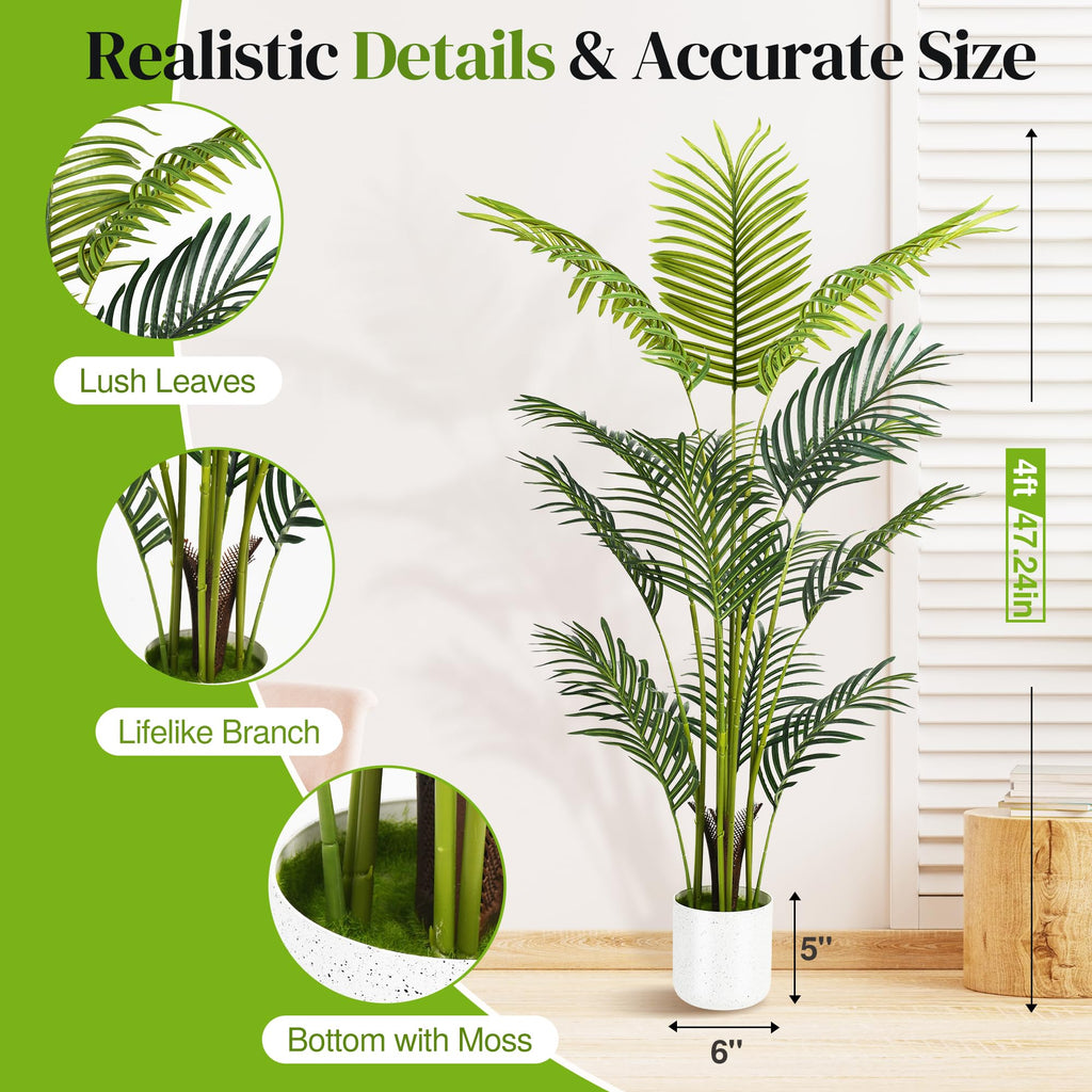 Artificial Palm Tree 4FT, Fake Tree with White Tall Planter 2 Pack, Faux Tropical Areca Floor Plant in Pot