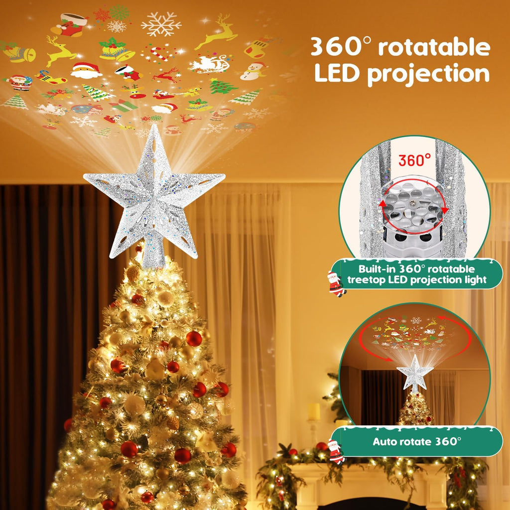 Christmas Tree Topper Lighted with 6 Projection Modes, Christmas Star Tree Topper Built-in LED Rotating Lights
