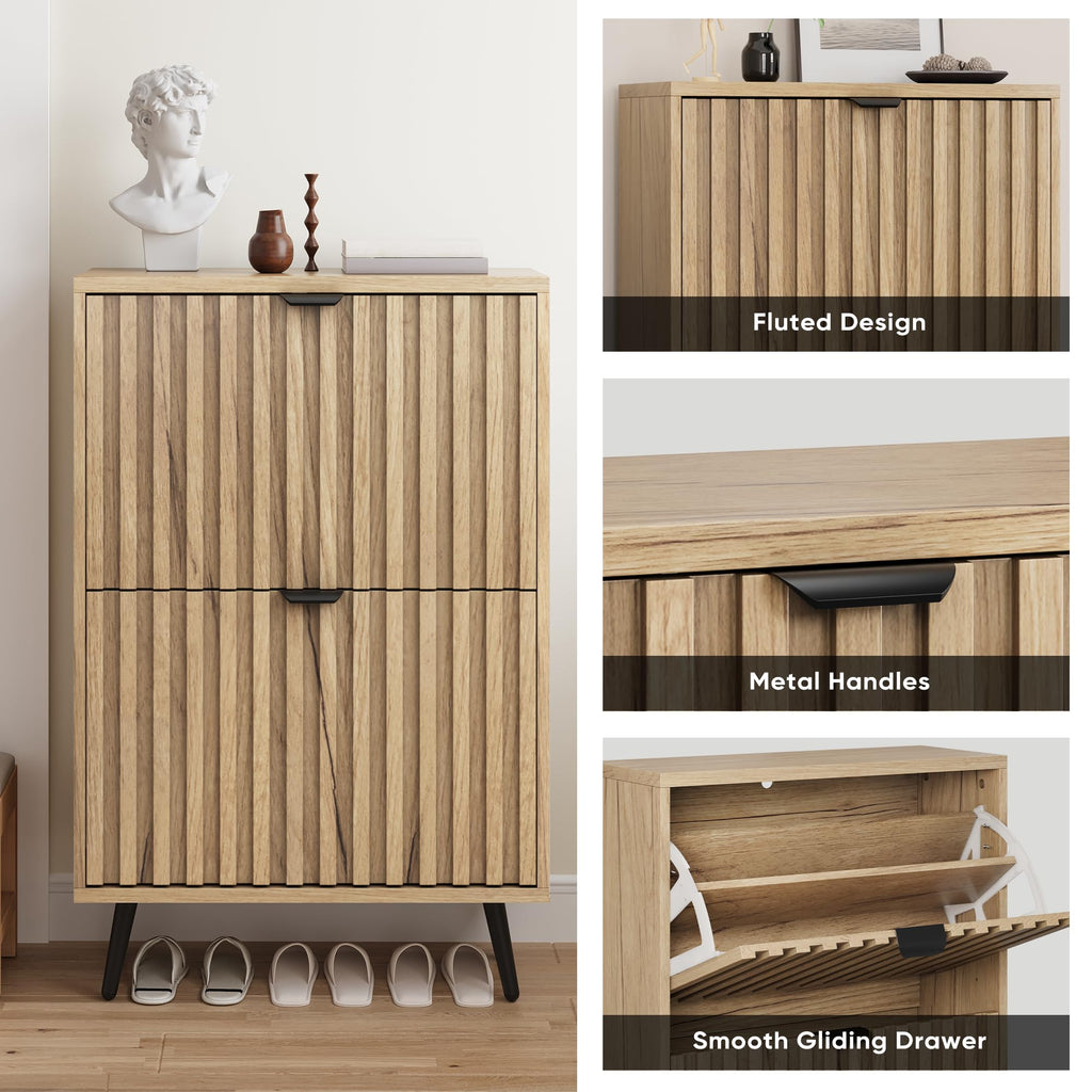 Shoe Cabinet with 2 Flip Drawers, 23.6" Natural Hidden Shoe Storage Cabinet with Fluted Design, Freestanding Shoe
