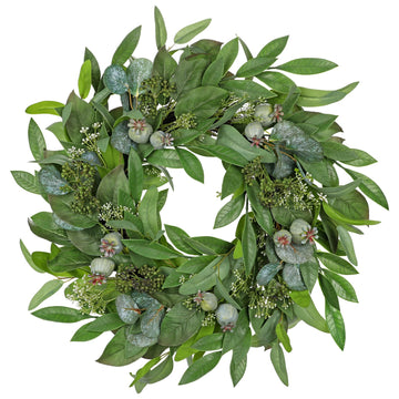 24" Artificial Greenery Wreath for Front Door, Fake Magnolia Leaf Silk Wreath with Berries, Outdoor Faux Eucalyptus