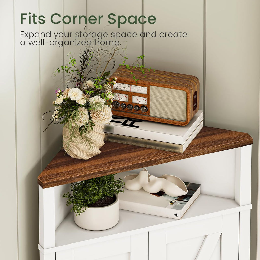 Farmhouse-Style Corner Cabinet, Corner Shelf with Open Storage, Double-Door Storage Cabinet, Twist-to-Lock Design