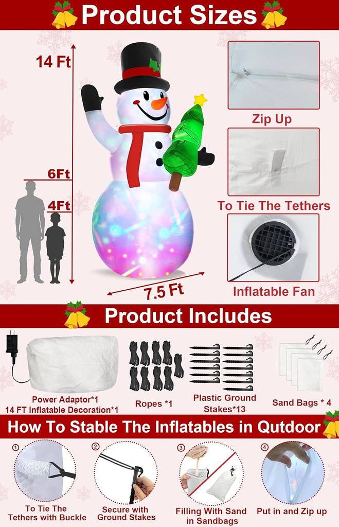 14 FT Large Christmas Inflatables Snowman with Rotating Colorful Light