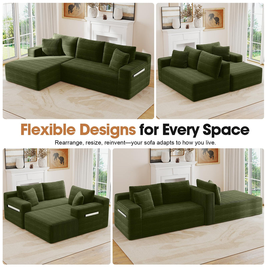 94.5" L-Shaped Minimalist Boneless Sofa (Green, Right)