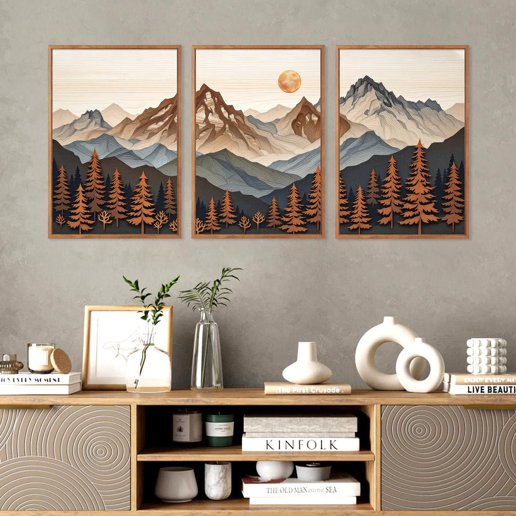 Boho Woodcut Mountain Framed Canvas Wall Art, Large Sun Forest Wall Decor, Orange Mid Century Sunrise Scene Artwork Set
