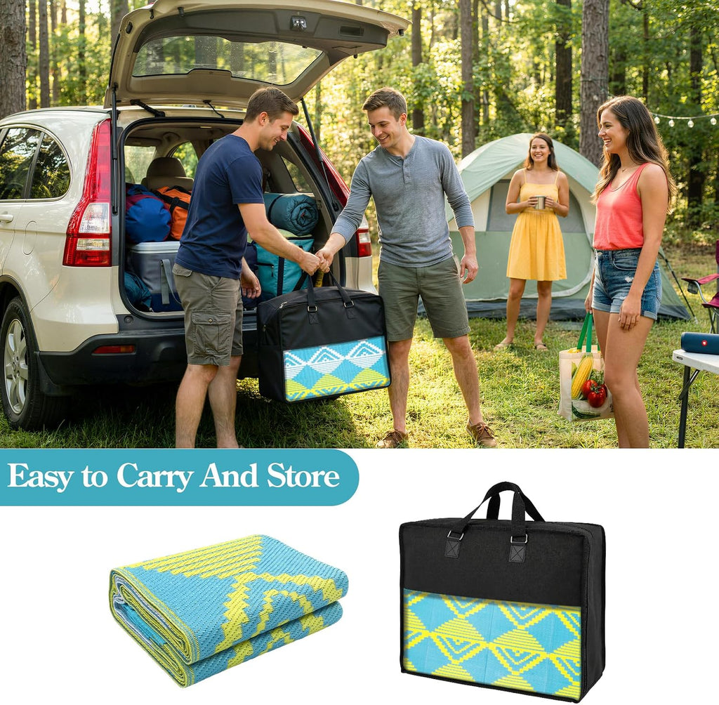 Outdoor Rug Waterproof, Reversible Outdoor Patio Rug for Backyard, Deck, Blue Yellow