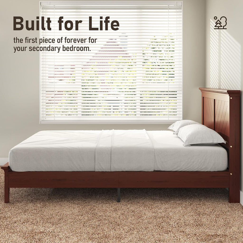 Solid Wood Queen Bed Frame with Headboard Cherry Finish