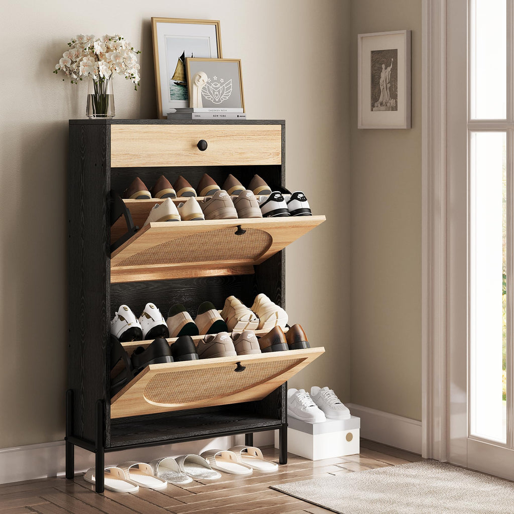Shoe Cabinet with 2 Flip Drawers, Shoe Storage Cabinet, Free Standing Shoe Storage Organizer with Rattan Doors Slim