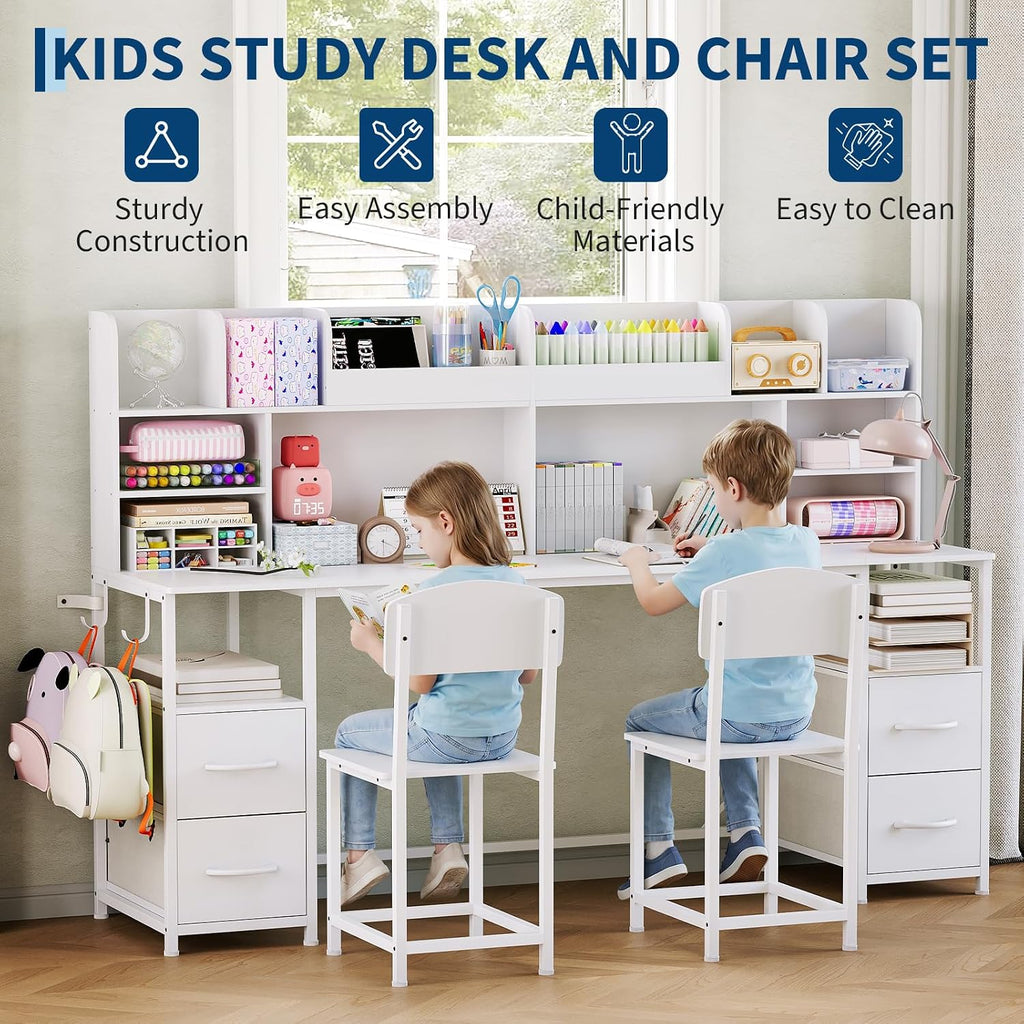 69" Double Kids Desk and Chair Set with Hutch & Storage, Ages 6-12