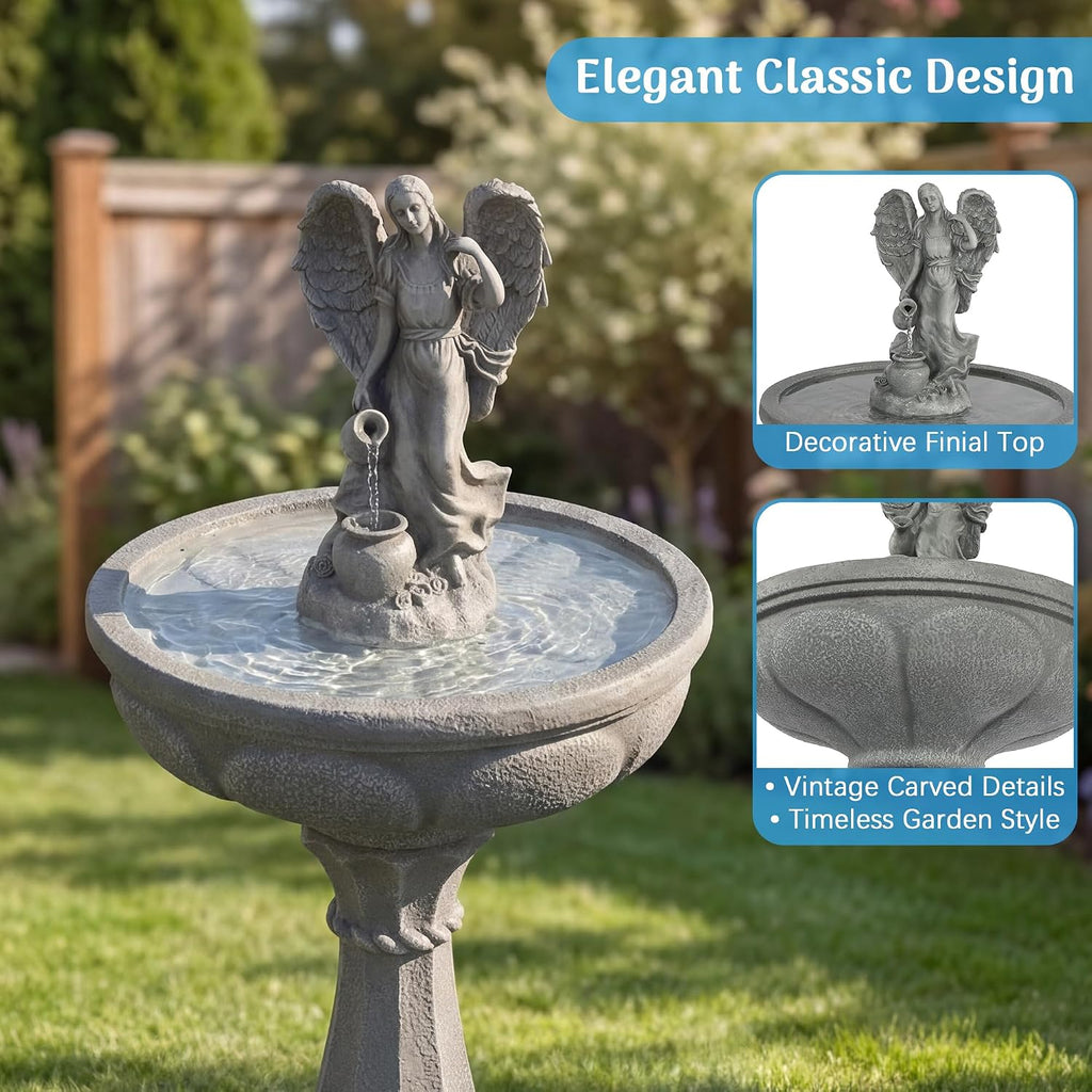37" Outdoor Water Fountain, Angel Fountain with Pouring Water | Single-Tier Pedestal Water Feature, Resin &