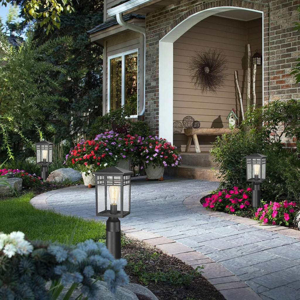 Outdoor Post Light Fixture, Modern Exterior Pillar Lantern with Black Finish & Seeded Glass, Pole Light for Garden