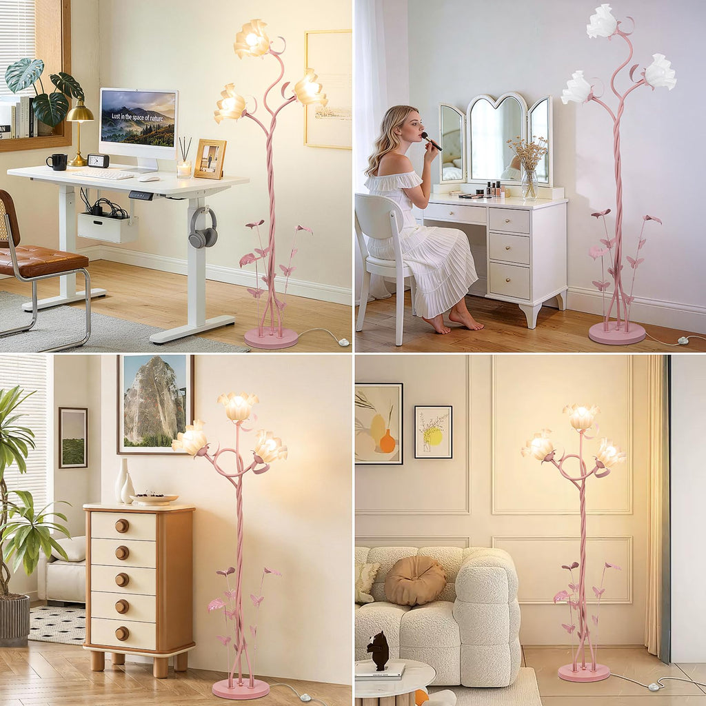 Flower Floor Lamp, 3-Head Whimsical Pink Floor Lamp with Flexible Gooseneck, 67'' Tall Retro Floral Standing Lamp