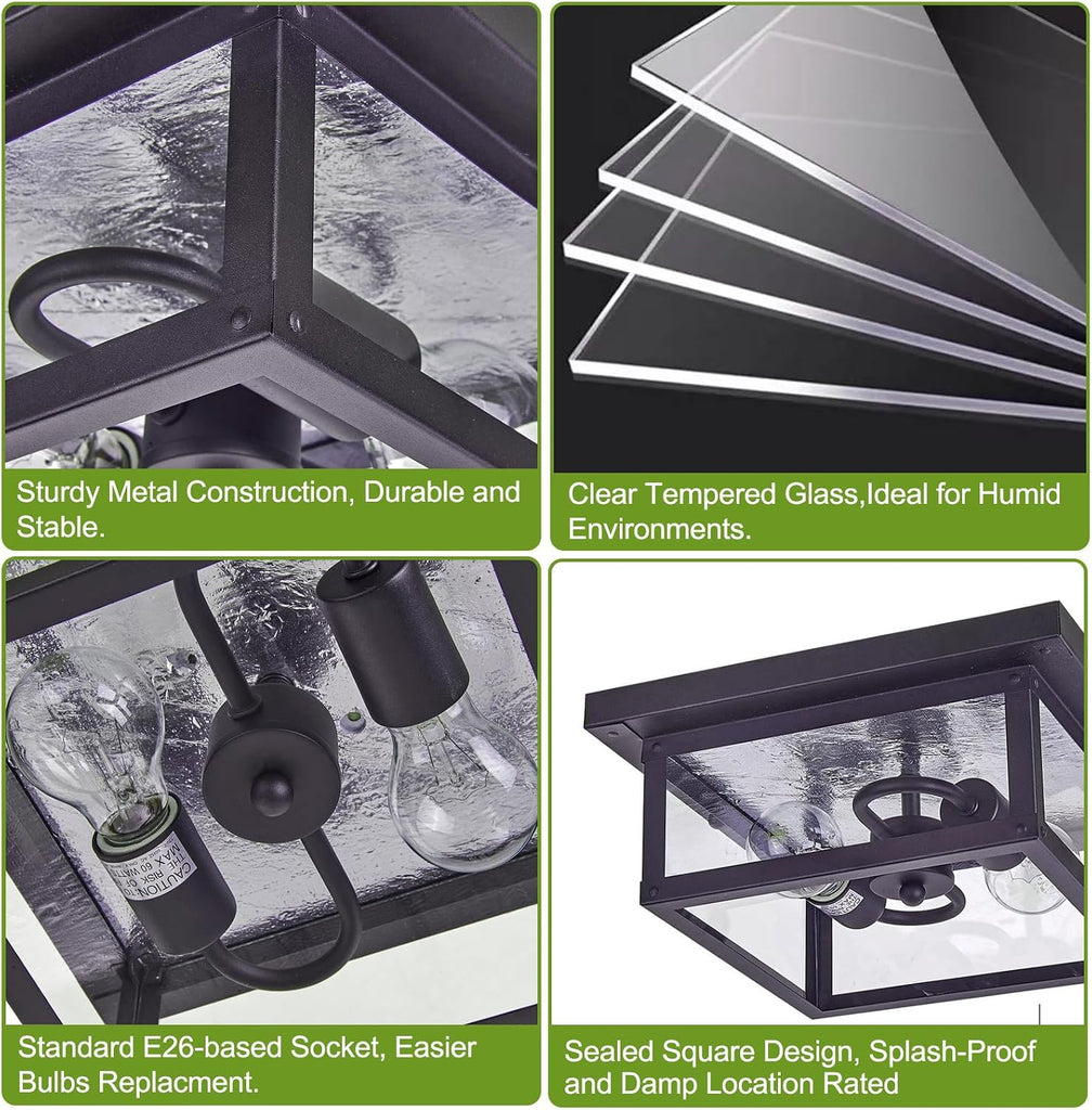 11.5in Outdoor Ceiling Light Fixture, Square Flush Mount Porch Lights, 2-Light, E26-based
