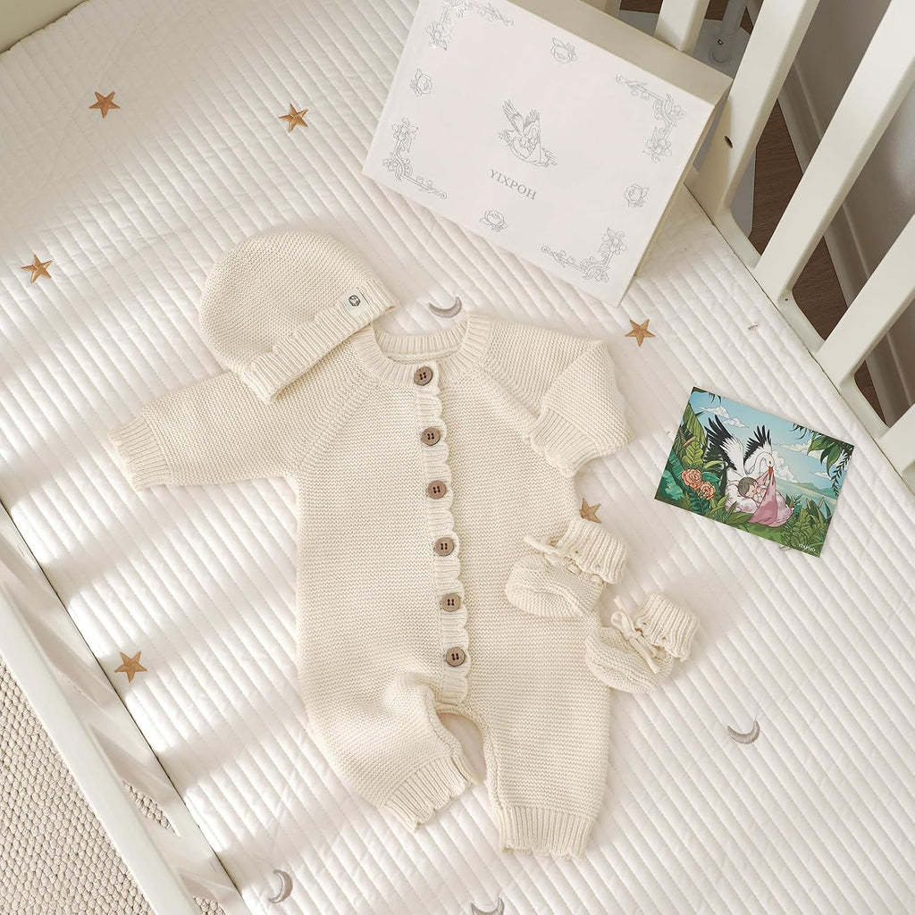 Organic Cotton Baby Sweater Knit Romper Hat Booties 3 Piece