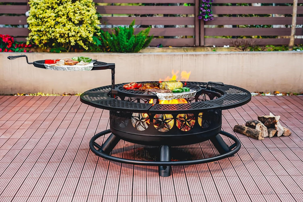 42 Inch BBQ Fire Pit with 2 Grills,3-in-1 Outdoor Round Metal Fire Pit Table with Lid,Fire Poker,Large Outdoor Wood