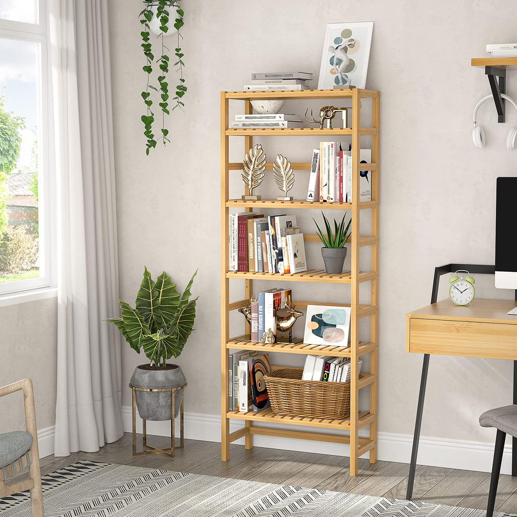 6-Tier Bamboo Shelf, 63" Tall Adjustable Bookshelves and Bookcases