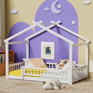 Tw Bed with Fence, Wooden Montessori Bed with Slats Support, Floor Bed Frame for Boys Girls Bedroom, White
