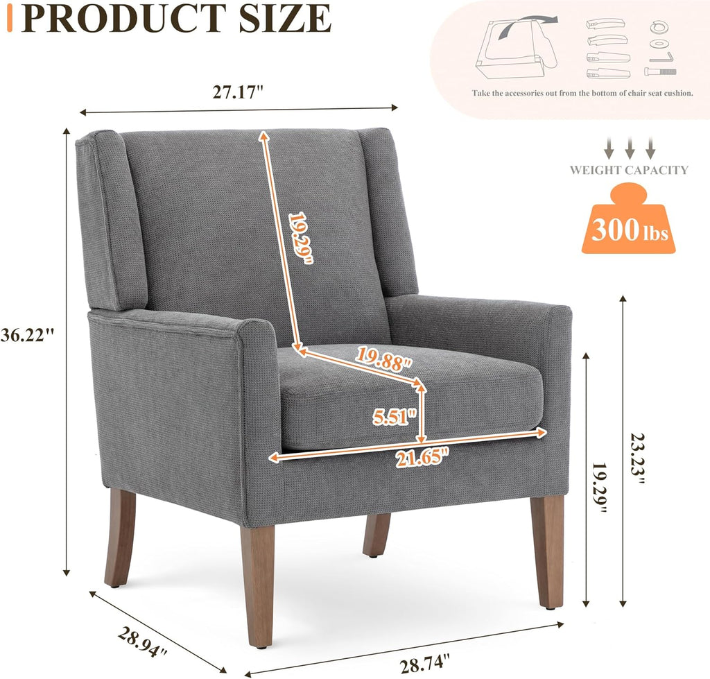 Living Room Chair, Wingback Mid-Century Accent Chair - Comfy Single Sofa with Solid Wood Legs & Velvet-Like Fabric
