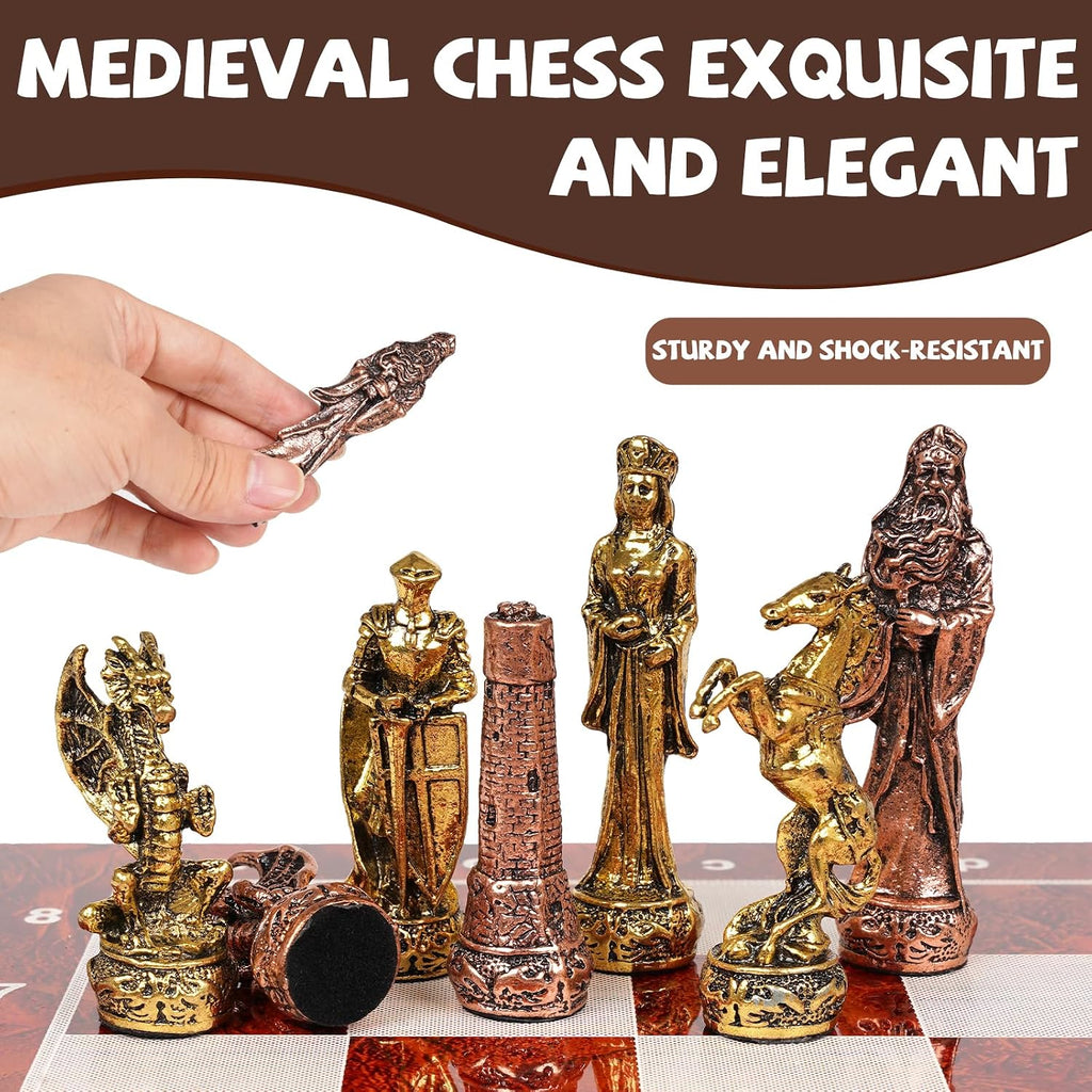 Vintage Figurine Metal Chess Set for Adults and Kids - 15'' Wooden Board with Metal Pieces - Travel Chess Set