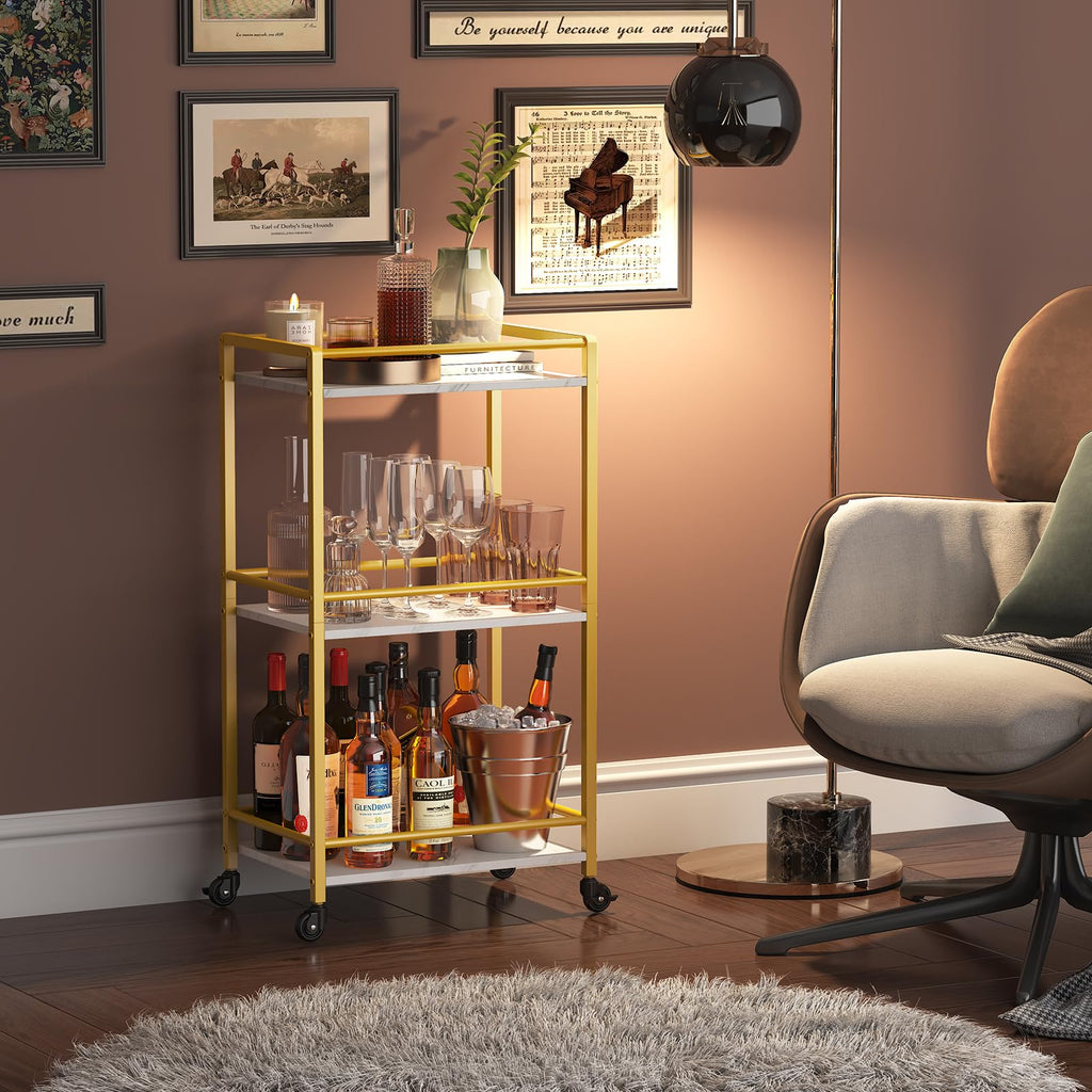 Mini 3 Tier Rolling Bar Cart with Lockable Wheels, Gold