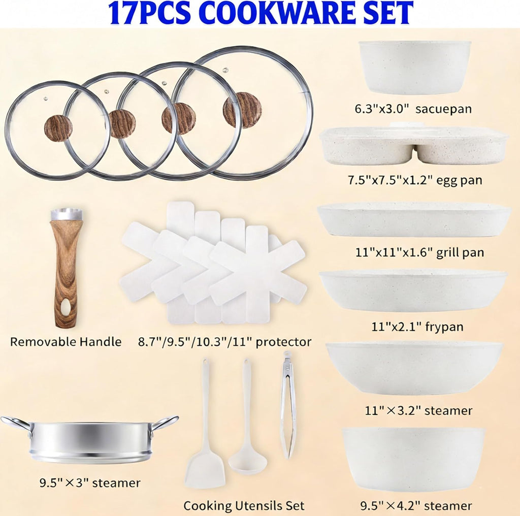17Pcs Ceramic Cookware Set, Non-Toxic Nonstick Cooking Pots & Pans with Heat Resistant Grips, Complete Induction