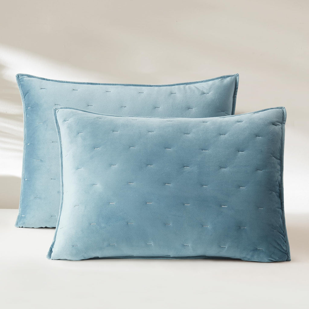 Quilt Set, 3-Piece Cozy Velvet Bedding with Matching Shams, Embroidered Stitch Design (Haven Blue - California
