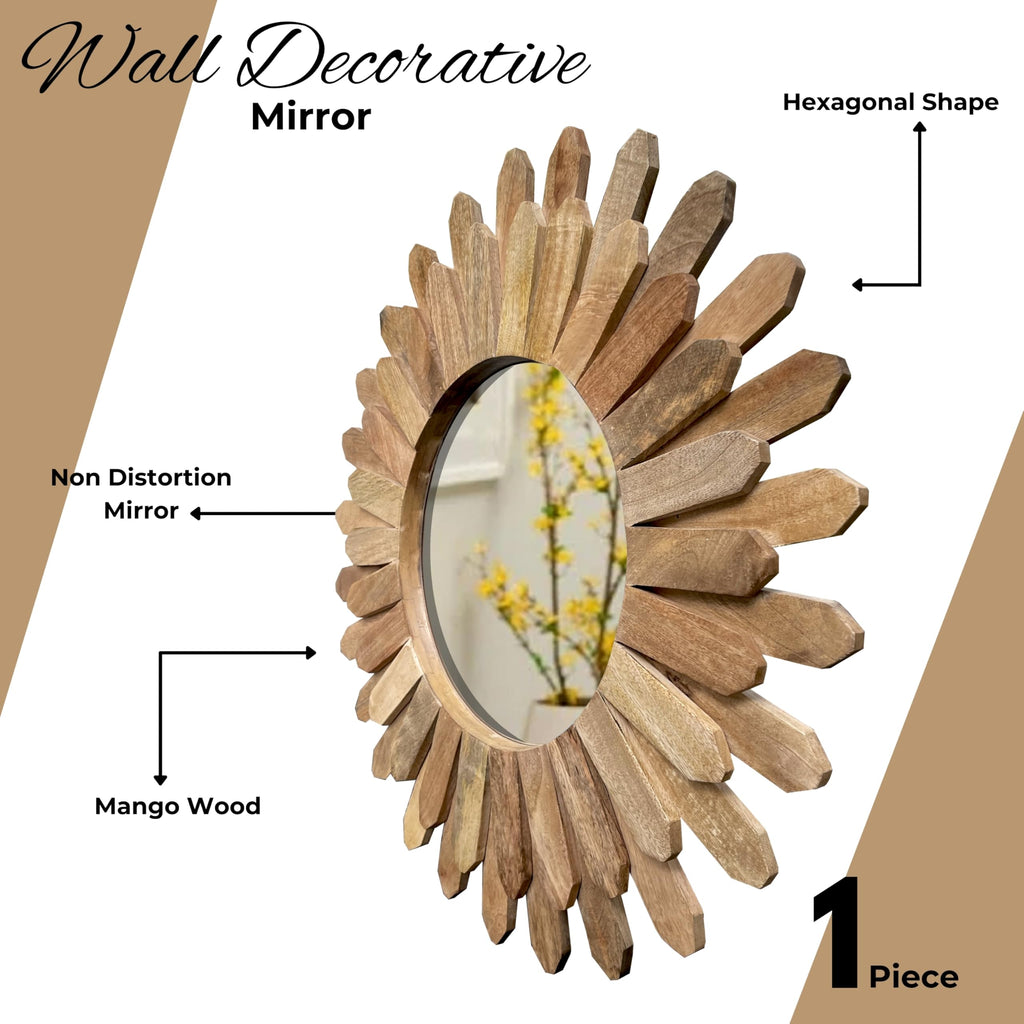 Rustic Round Wood Wall Mirror 18 Inch, Natural Sunburst Mirror for Wall Decor, Boho Farmhouse Decorative Mirror Decor