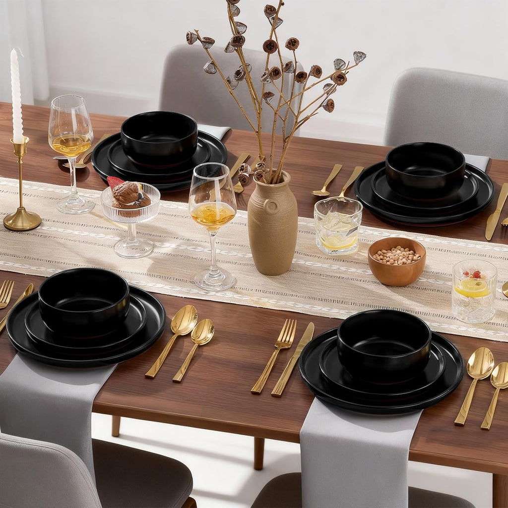 12-Piece Stoneware Plates and Bowls Sets, Dinnerware Sets for 4, Ceramic Dishware Dishes Set with Terracotta Base